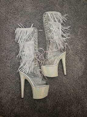 Pleaser Silver Rhinestone Fringe Platform Lace-Up Boots